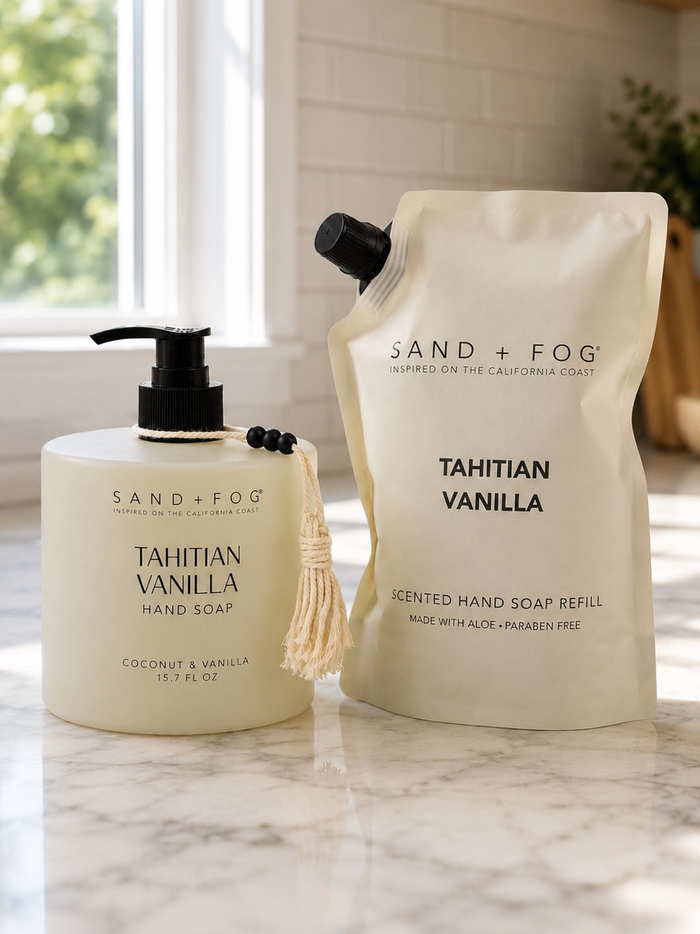 Tahitian Vanilla Hand Soap Glass Bottle 15.7 oz with Refill Bag 34 oz - Bundle